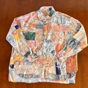 Magaschoni Pink and Green Linen Button Down Blouse